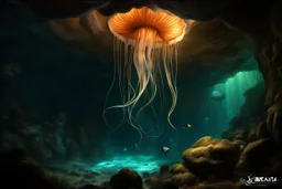 A mysterious underwater cave, rock formation, glowing jellyfish, strange aquatic creatures, art by Lucas Graciano. fantasy concept art, exquisite realism, a masterpiece, dynamic lighting, hyper detailed, intricately detailed, deep color, Unreal Engine, volumetric lighting , Epic cinematic brilliant stunning intricate meticulously detailed dramatic atmospheric maximal,