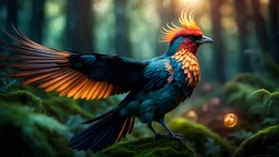 bird-phoenix, full body, depth of field, muted colors, bokeh, in the fantasy mystical forest, raw photo, DSLR, realistic, dark, epic, extremely intricate details, intricate details, hdr, hyperdetailed, realistic, detailed