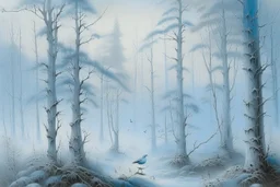 A light palish blue foggy forest with birds painted by Peter Carl Faberge