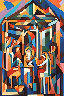 Color Field Painting, nativity, abstract, simple, geometic, color field painting style cubist painting, Neo-Cubism, layered overlapping geometry, art deco painting, Dribbble, geometric fauvism, layered geometric vector art, maximalism; V-Ray, Unreal Engine 5, angular oil painting, DeviantArt