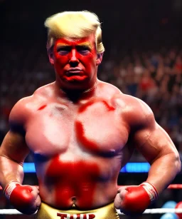 Realistic image of Donald trump wrestler, Mexican wrestling, glow mask makeup, red and blue breeches, suspenders, retro style, 80s, red, gold, vibrant color, highly detailed, clean background, concept art, unreal engine 5, god rays, ray tracing, RTX, lumen lighting, ultra detail, volumetric lighting, 3d, finely drawn, high definition, high resolution.