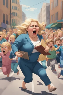 an obese terrified blonde woman crying and sobbing in a pant suit desperately running away from an angry mob of thousands of kindergarten kids chase her down a city street while holding books