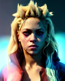 portrait, Shakira, blonde artist, angry, Realistic image, MMA robe, hoodie, mouthguard, nose, band aid, loose long hair, eyes make up, perfect, glow, circle iris. Rain, fog, Neon colors, leds. Dark background, photo studio, neon lights. concept art, smooth, unreal engine 5, god lights, ray tracing, RTX, lumen lighting, ultra detail, volumetric lighting, 3d, finely drawn, high definition, 4k.