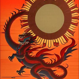 Ukiyo-e painting of a red dragon flying around a sun