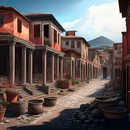 Pompeii houses streets people before destruction digital art hyper-detailed realistic 8k summer weather