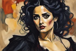 Painting of Salma Hayek as a Goth vampire girl, in the Expressionist style of Egon Schiele, Oskar Kokoschka, and Franz Marc, in muted natural colors