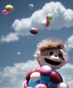 Ultra realistic speed clouds sky scene, wide angle view, child falling down with many Children background, inflatable monsters, circus dress style, feather color, free jumping flying, many trinkets, hair monster, many jelly beans, balls, color smoke, smile, happy, extreme, wind, clouds sea, 20,000 feet altitude, stratosphere, soft color, highly detailed, unreal engine 5, ray tracing, RTX, lumen lighting, ultra detail, volumetric lighting, 3d, finely drawn, high definition.