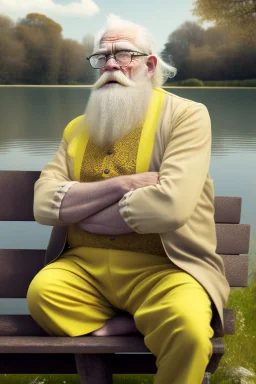 1000-year-old old English man, wise face ,glasses, cynical look, yellow mustache, eyes expressing wisdom, white beard, wrinkled cheeks, precise details, pants with slacks, sitting on a bench in the garden, in the background of a lake with swans, outdoor shot, cinematic, UHD. 20K, 300 DPI