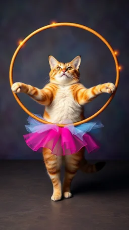 A cat dressed like ballerina playing the large Hula Hoop around her belly happy and smiling