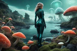 woman in a tight suit, on the shores of an alien world, with mushrooms with jellyfish tentacles, small plants and mossy rocks