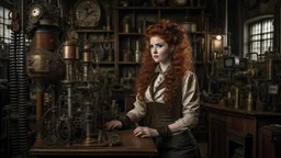 pale-faced woman with auburn wavy shoulder-length hair, with detailed steampunk metal arms and legs, dressed like a Victorian, in a laboratory full of small machines