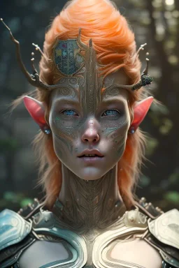 painting of an elven young woman with short light orange hair and freckles and tree tattoos on his cheekbones light armor, full body, ultra realistic, concept art, intricate details, eerie, highly detailed, photorealistic, octane render, 8 k, unreal engine. art by artgerm and greg rutkowski and charlie bowater and magali villeneuve and alphonse mucha