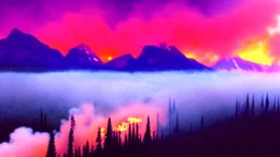 background=(mountains, alberta, forest fires, burning), time=(sunset), style=(vaporwave), effect=(smoke, plumes)