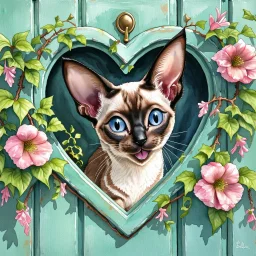 A chocolate point Oriental shorthair siamese kitten peeks out from a heart-shaped opening in a weathered turquoise door,surrounded by delicate pink flowers & green vines.The kitten's large,expressive eyes & soft fur create a charming & whimsical scene.realistic watercolor illustration vampiress, gothic attire, moonlit, alluring grin