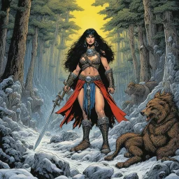 [art by George Perez] THE DEATH DEALER: tribeless barbarian in a large forest that, after the end of the Ice Age, will one day become the Mediterranean sea. When the Mongol-esque Kitzaak Horde invade the forest, various parties try to recruit Gath's aid to defend against them. One of them, the beautiful sorceress Cobra, gives Gath a helmet possessed by the god of death. The helmet gives him godlike power but at the same time tries to break Gath to its will. With the help of the worldly travellin