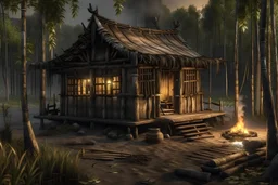 Ancient Chinese cabin in the woods with a bamboo forest nearby and a campfire Infront of it