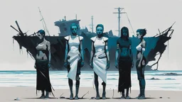 ((three)) determined cyberpunk women (wearing white khiton) standing in front of a boat wreck on a radioactive beach, acrylic painting, minimal art, centered, wild sparse brushstrokes, amazing verticals, great parallels, low bleak colors of gray, blue and black, excellent negative space contrasts
