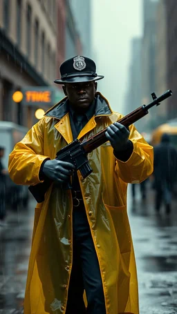 retro nypd full body color 1920 blackmen policeman wtih heavy yellow rain transparent coat with thompson riffle