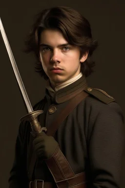 european brown hair young adult royal guard swordsman with rapier dieselpunk