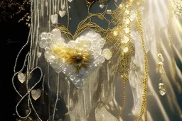 double exposure, garter flowers strung on wire with pearls and gems, heart and love, double exposure, merged layers, silver and gold tin foil, waterfall, in sunshine on a lace blanket