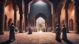 Hyper Realistic back-view of few men killing a man praying namaz with a sword inside a prehistoric-ancient-brick-mosque-with-ancient-islamic-architectural-patterns-crafted at night showing dramatic & cinematic ambiance