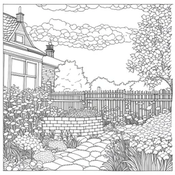 outline art for square british garden coloring page for kids, classic manga style, anime style, realistic modern cartoon style, white background, sketch style, only use outline, clean line art, no shadows, clear and well outlined