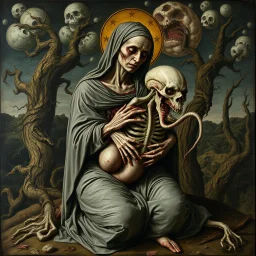 medieval painting depicts a decaying zombie Madonna figure with rotting flesh sitting upright while cradling a grotesque, otherworldly xenomorphic body with multiple tentacles. The zombie Madonna wears tattered, grey robes revealing decomposed skin, while the xenomorphic creature has pale, elongated segments and distorted features. The background shows a dark, twisted landscape inspired by Arnold Bocklin's composition style, with gnarled trees and swirling clouds reminiscent of Hieronymus Bosch