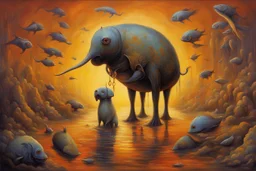 Let God be a sunlamp to laugh his heat at you, Let God be a jigsaw and let it fit for you, Let God be the depth of the deep and let his water fill you, surrealist art, by Martin Wittfooth, by Alexander Jansson, volumetric lighting, smooth beautiful, warm colors, orange-black-violet color scheme.