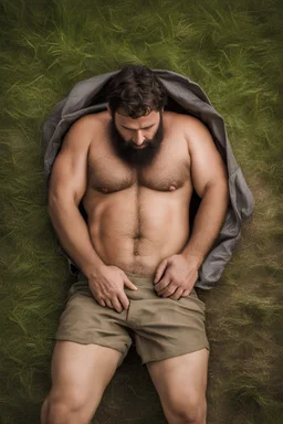 aerial top view half figure shot photography of an ugly 35 year old stocky robust burly turkish carpenter , relaxing in the meadow, , hands behind the head , wearing bulging shorts, shirtless, hairy chest, manly chest, manly legs, serious, very virile, short beard, shaved hair, under the rain, wet, in a rainy day, photorealistic