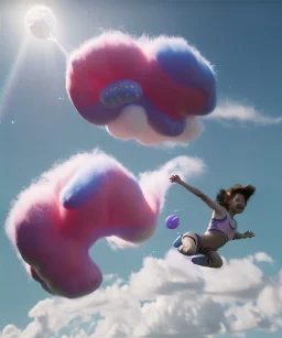 Ultra realistic speed clouds sky scene, wide angle, sweet childs falling down, inflatable color clothing, free jumping flying, many trinkets, monster hair, hair monster, many jelly beans, balls, smile, happy, circus style, extreme, wind, clouds sea, 20,000 feet altitude, stratosphere, soft color, highly detailed, unreal engine 5, ray tracing, RTX, lumen lighting, ultra detail, volumetric lighting, 3d, finely drawn, high definition, high resolution.