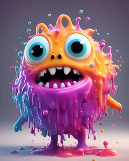 3D Pixar style animation, cute, melting monster character, (pixarstyle:1.3) whimsy character, fluid form, bonkers; jelly-like structure, amorphous, shape shifter, quirky character, playful colour spill, fun time, joyous art depicted in the style of (Buff Monster and Peter Bagge), photorealistic CGI art, vivid colour, covered in thick gooey blue, pink, yellow goop, 3D graffiti art, thick and glossy, topped with lots of rainbow sprinkles, Maya modelling, Arnold rendering engine, sharp detail