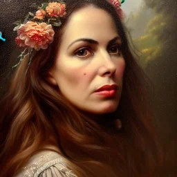 Susanna Hoffs, beautiful, highly detailed face, meticulously detailed hair, ethereal fantasy hyperdetailed mist, maximalist matte painting; polished, realistic oil painting. Victorian era portrait painting, old fashioned, vintage, antique, beautiful, Unreal Engine, 16k