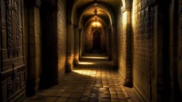 The labyrinthine corridor stretches out before you, its walls a mottled tapestry of ancient stone and crumbling mortar, dimly illuminated by flickering torches that cast long, dancing shadows. The air is thick with dust and the faint scent of decay, hinting at the secrets that lay entombed within the depths of this enigmatic structure. The floor, worn smooth by countless footsteps over the centuries, descends into a maze of narrow, winding passages that branch off in seemingly random directions,