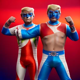 realistic image of donald trump as a mexican wrestling fighter posing outdoors, Mexican eyes wrestling mask, red and blue breeches, suspenders, retro style, 80s, vibrant color, highly detailed, sky background, concept art, unreal engine 5, god rays, ray tracing, RTX, lumen lighting, ultra detail, volumetric lighting, 3d, finely drawn, high definition, high resolution.