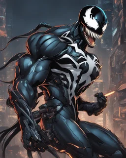 Venom mix with machine in solo leveling shadow artstyle, cyberpunk them, intricate details, highly detailed, high details, detailed portrait, masterpiece,ultra detailed,best quality