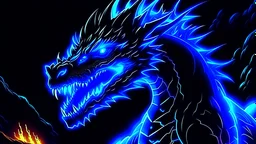 Dark anime glowing volcano cyber villainous neon Dragon with blue flaming atomic breath