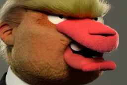 Angry muppet trump in suit with a spray tan, no tongue, looking forward, face