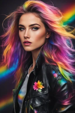 Close up Gorgeous Realistic Photography Super Model European Beautiful young woman,hair colors rainbows as Rocker with clothing abstracts flowers luxury casual leather jacket and levis jeans dressing painting art neons rainbow colors glowing in the dark and colorful details, light leaks boleh colors,flowers background