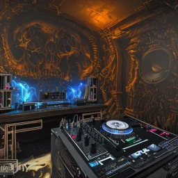 DJ of the damnded, insanely detailed DJ booth in hell, MID set, speakers and equipment made of bone, anatomically correct, add more skulls in th audience, photorealism, vray, 8k 3d, woofers in all empty eye sockets of stage equipment, wide angle, telephoto, from audience, all multicolored skulls,