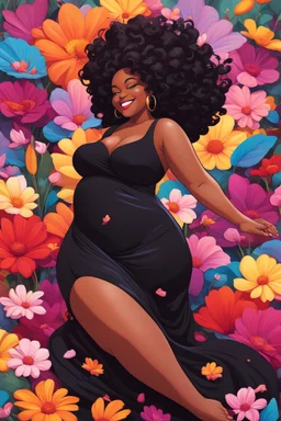 A sassy thick-lined oil painting style cartoon black female lounging lazily on her side, surrounded by colorful large flower petals. her curvy body silhouette a black maxi dress. Looking up coyly, she grins widely, showing teeth. Her poofy hair forms a mane framing her confident, regal expression.