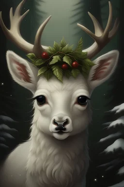 photorealistic; portrait Cute fantasy white Christmas fawn wearing a wreath around neck; big pine trees all around; in the style of Sebastio Salgardo