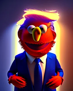 Waist up Portrait, Donald trump muppet, Sesame Street style, retro style, unreal engine 5, god lights, ray tracing, RTX, lumen lighting, ultra detail, volumetric lighting, 3d.