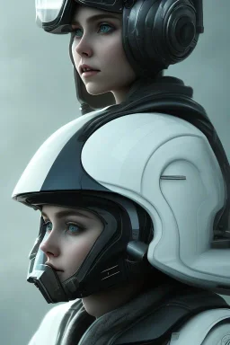 Black intergalactic pilot AnnaSophia Robb, portrait, bright white eyes, wearing high tech pilot helmet, beautiful face, white smoke, dark, rage, sorrow, high definition, ultra 8 k, volumetric lighting, blue fire, fog