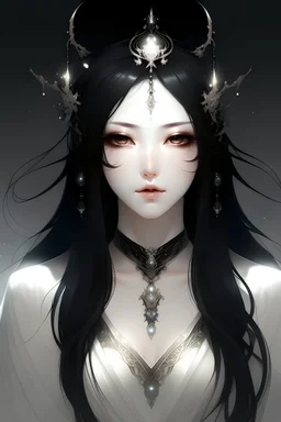 Goddess of Death inspired woman with black hair and silver eyes in the style of Honkai: Star Rail. Very pale and elegant demeanor