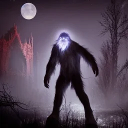 hyper realistic haunting bigfoot beast under the Bloodborne moonlight