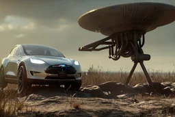 A Tesla 'Model S' is parked, inside "The War of the Worlds" (of H.G. Wells). (CINEMATIC, WIDE ANGLE LENS, PHOTO REAL)