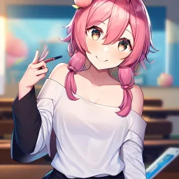 Clear focus, High resolution, a anime adult, cute, cartoony style, smiling, hair between eyes, holding a pencil, small forhead, female, medium length hair, long locks, lots of bangs, teacher, wearing a off shoulder shirt, no spaghetti straps, peach hair colour