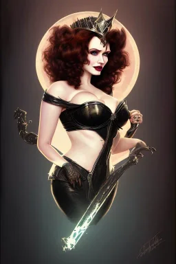 painting of christina hendricks as evil queen in black leather, feminie, angry, volouptous, busty, cleavage, emperious, mature, highly detailed, digital painting, artstation, concept art, smooth, sharp focus, illustration, art by gaston bussiere and alphonse mucha