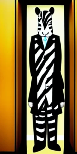 Cartoon zebra standing upright wearing a suit in an elevator