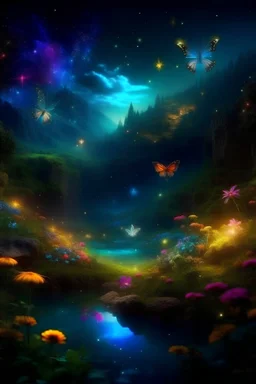 beautiful landscape with magic treasures, butterflies, fairies, angels, and crystals all surrounded by bright colors, precious lights and stars